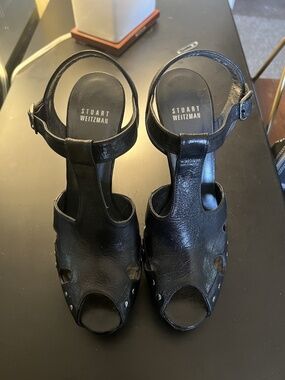 Stuart Weitzman Black Leather Studded Platform Block Heel Buckle Straps Peep Toe